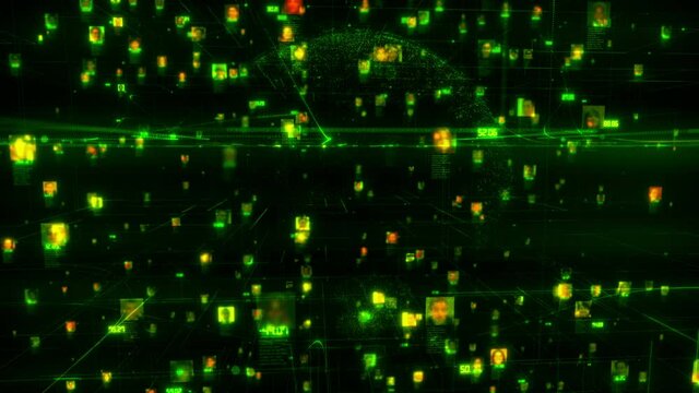 people connecting at abstract social network in big data concept footage with a flow of people portraits linked at the global network with background of the earth silhouette, 3d rendering 4K video.