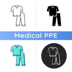 Scrub suit icon. Top and trousers for nurse. Suit to work in clinic. Protective wear for hospital professional. Disposable PPE. Linear black and RGB color styles. Isolated vector illustrations