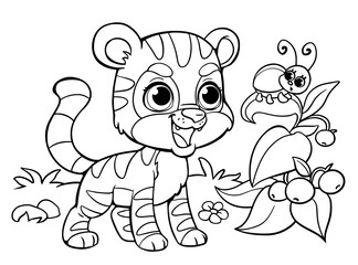 Coloring pages tiger and beetle on the bush. Wild animals. Smiling wild African beast. Educational developmental lesson, a task waiting for preschoolers. Black and white clipart