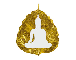 Isolated beautiful silhouette Buddha statue shape of sitting on a gold leaf or Pho leaf (bo leaf,bothi leaf) on white background.