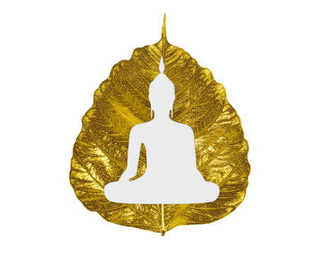 Isolated beautiful silhouette Buddha statue shape of sitting on a gold leaf or Pho leaf (bo leaf,bothi leaf) on white background.
