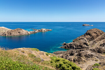 Fototapeta na wymiar blue sky and sea in cap de creus, near cadaques in the north of girona on the costa brava