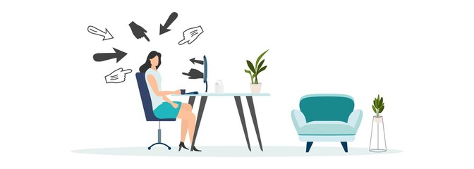 Cyber bullying. Internet abuse or online troll. Social media problem with hater comments concept. Depressed teenager girl sitting alone with computer laptop and mouse hand cursors pointing on her.