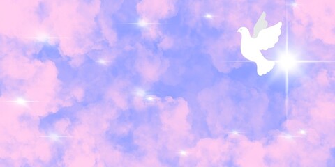 Fototapeta na wymiar Banner viola rosa cielo nuvoloso con la colomba pasquale bianca che vola. Croce raggiante. Natale. Annunciazione. Pentecoste. Fede, speranza, amore. 