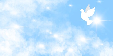Sfondo banner azzurro Colomba Bianca vola nel cielo. Pasqua  - 430590277