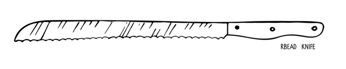 Bread knife isolated on white background. Stainless steel kitchen knife for bread sketch. Special blade for cutting bread. Household utensils and cutlery. One of knives collection. Vector illustration