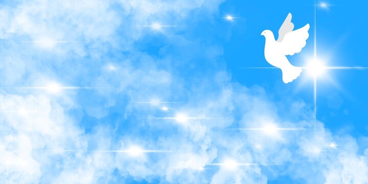 Web banner religioso azzurro cielo Paradiso. Colomba Bianca. Luce Croce Raggiante. Pentecoste. Annunciazione. Pasqua. Natale. Bokeh, stelle, sole. Raggio di luce magica