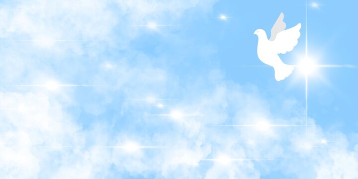 Sfondo banner azzurro Colomba Bianca vola nel cielo. Pasqua 