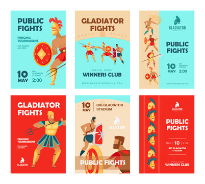 Event brochure designs with gladiators fighting. Vivid promotion for tournament with ancient warriors, public fights. Fencing club, competition concept for advertising leaflet or promotional flyer