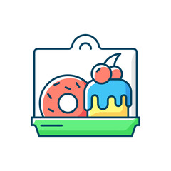 Cakes and desserts takeout RGB color icon. Confections delivery. Sweet baked food. Cookies, pastries, pies, doughnuts. Breadlike food made from eggs, sugar and flour. Isolated vector illustration