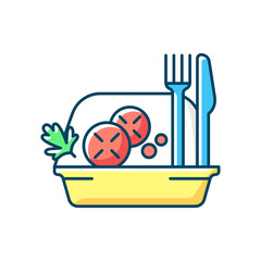 Takeaway salads RGB color icon. Healthy food delivery. Green, seafood, meat salad. Raw greens, veggies mixture. Low in calories meal. Fresh fruits and vegetables. Isolated vector illustration