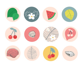 Floral icons collection for social media design. Round flower sticker set. Trendy isolated vector illustrations. Modern floral stickers for web, app and brand design.