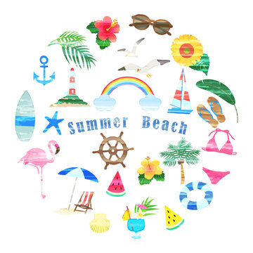 手描き水彩風　夏のビーチイラストセット