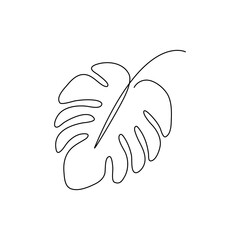 Monstera leaf line style. Continuous one line art drawing tropical palm. Vector illustration isolated on white.