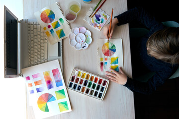 Boy painting pictures with watercolor paints during art lesson online