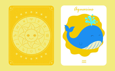 Zodiac Aquarius Horoscope Card Cute Character Big Blue Whale with Water Splash with Back Card with Sun Smile with Radiant and Zodiac Icons with Stars Vector Graphic Design Template