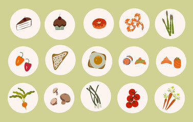 cute vagatable and cake great for  sticker or Set Social media highlight covers.Stories contemporary style, round icons, vector ilustration.