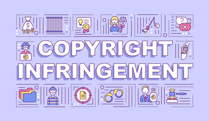 Copyright infringement word concepts banner. Intellectual property protection. Infographics with linear icons on purple background. Isolated typography. Vector outline RGB color illustration - obrazy, fototapety, plakaty