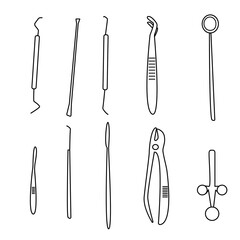 Professional dental tools set for dental examination in doodle style, tools on white background. outline of equipment for the treatment of toothache