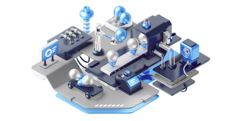 3d illustration of silver factory machine with conveyor and engineering robot arm sorting light bulb. Technology of modern industrial idea manufacture at automatic conveyor belt