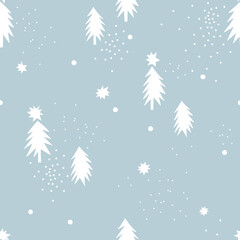 Fototapeta na wymiar Snowy forest neutral blue vector seamless pattern. Cute tiny decorative Scandinavian winter background. Magical Christmas pines abstract print design.