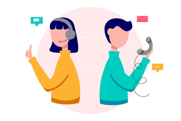 Male and female call center operators. Customer service, online and phone consultation. Vector flat style illustration.