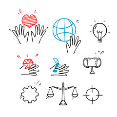 hand drawn doodle Concept of Business Core Values illustration collection vector isolated