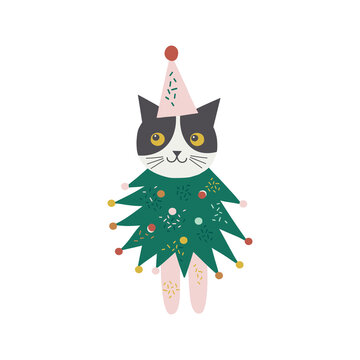 Cute funny cartoon cat dressed in Christmas tree costume vector illustration. Whimsy holly Xmas party kitten clipart for kids. Seasonal winter holidays animalistic graphic design