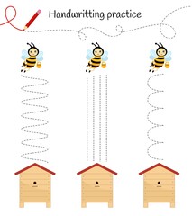 Handwriting practice sheet. Basic writing. Educational game for children. Help the bees to get to their homes.
