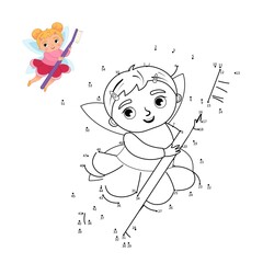 Educational game for kids. Dot to dot game for children. Cartoon tooth fairy with a toothbrush in his hands.