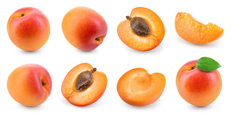 Apricot isolated. Apricots on white. Whole, half, slice apricots with leaf. Apricot set. Full depth...