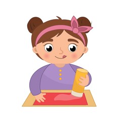 Vector illustration of a cute girl gluing paper in cartoon style
