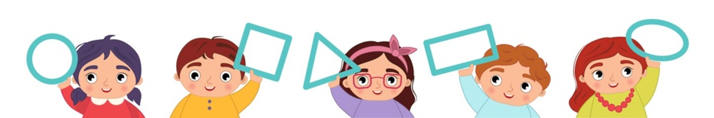 Cute kids are holding geometric shapes. Vector illustration in cartoon style
