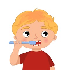 Cute boy brushing her teeth. Vector illustration in cartoon style.
