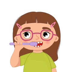 Cute girl brushing her teeth. Vector illustration in cartoon style.
