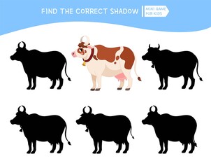 Educational  game for children. Find the right shadow. Kids activity with cute cartoon cow. Farm animals collection.