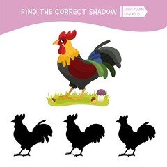 Educational  game for children. Find the right shadow. Kids activity with cute cartoon cock. Farm animals collection.