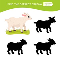 Educational  game for children. Find the right shadow. Kids activity with cute cartoon goat. Farm animals collection.