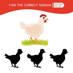 Educational  game for children. Find the right shadow. Kids activity with cute cartoon hen. Farm animals collection.