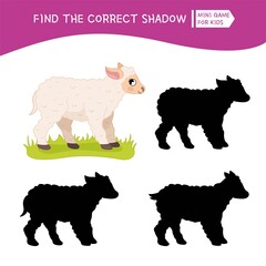 Educational  game for children. Find the right shadow. Kids activity with cute cartoon sheep. Farm animals collection.