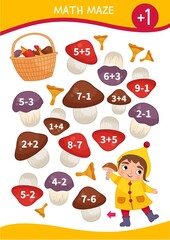 Math maze game for children. Help the girl to collect mushrooms in a basket.
