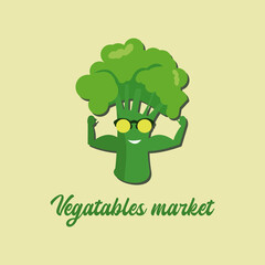 Strong broccoli shows its muscles. Vector image of broccoli inviting all vegetarians and vegan to the vegetable market. On a white isolated background. EPS Illustration. 