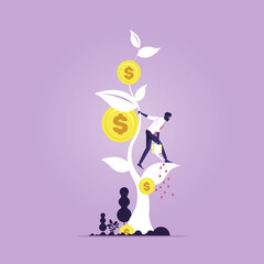 Financial growth concept-Growing money tree vector illustration, Businessman watering the money tree for the business and financial growth, business investment profit, Revenue and income metaphor