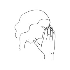 Continuous one line of face of woman praying with hands in silhouette. Minimal style. Perfect for cards, party invitations, posters, stickers, clothing.