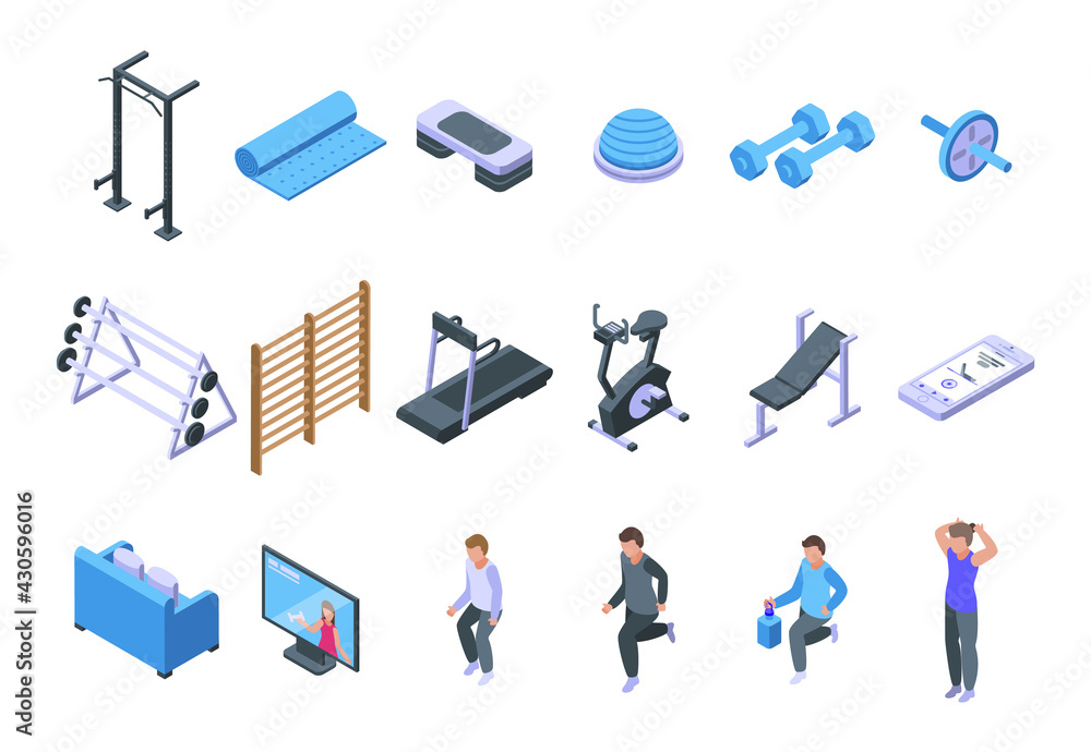 Poster home gym icons set. isometric set of home gym vector icons for web design isolated on white backgrou