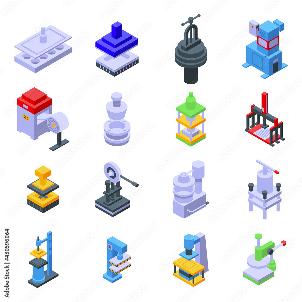 Poster press form machines icons set. isometric set of press form machines vector icons for web design isol