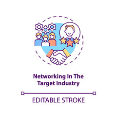 Networking in the Target industry concept icon. Keep developing idea thin line illustration. Attending events and workshops. Vector isolated outline RGB color drawing. Editable stroke