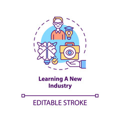 Learning a new industry concept icon. Transition job pros idea thin line illustration. Develop in new sphere. Search for a new self. Vector isolated outline RGB color drawing. Editable stroke