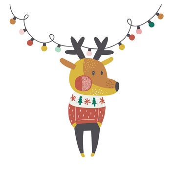 Christmas deer with lights garland vector illustration isolated on white background. Cute cartoon fawn boy character Xmas clipart for kids. Ugly sweater party animalistic print design 