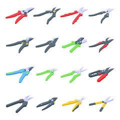 Secateurs icons set. Isometric set of secateurs vector icons for web design isolated on white background